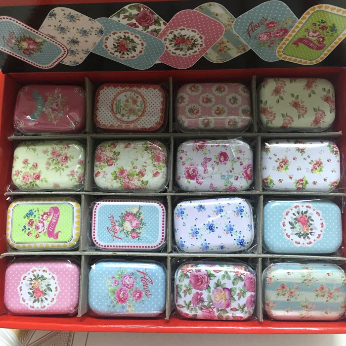 

American Flower Style Mini Pill Case Collectables mini Box Diy storage box square lipstick case small tin box 32pcs/box