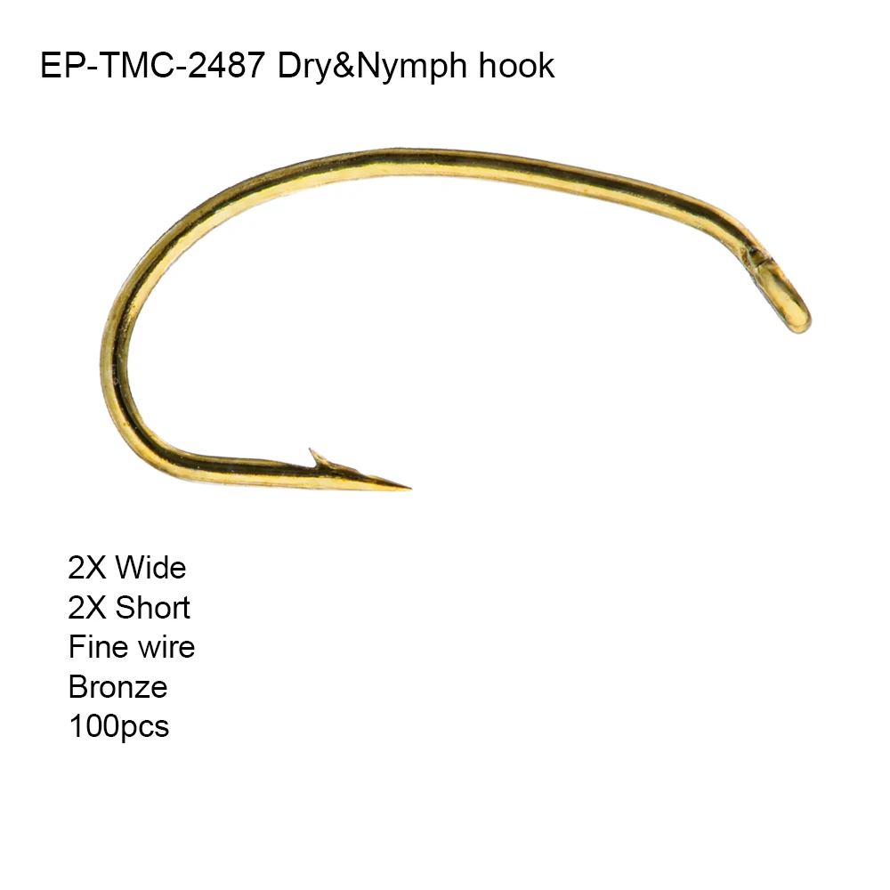

Eupheng 100pcs EP-TMC2487 Dry Fly Hook Nymph Fishing Hook Fine Wire 2X Wide Bronze Fly Fishing Hook