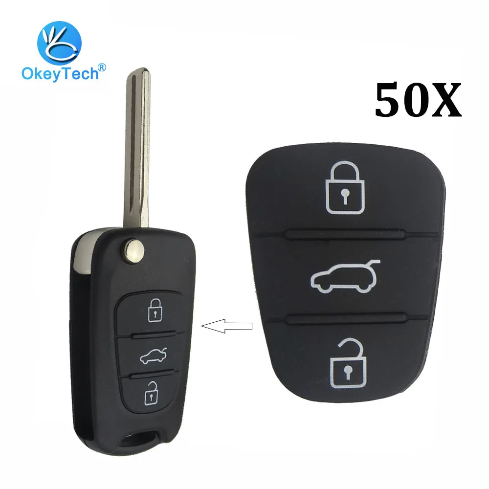 

OkeyTech 50pcs/lot Replacement Flip Folding Car Key Shell Cover Case Fob 3 Button Rubber Key Pad For Hyundai I30 IX35 Kia K2 K5