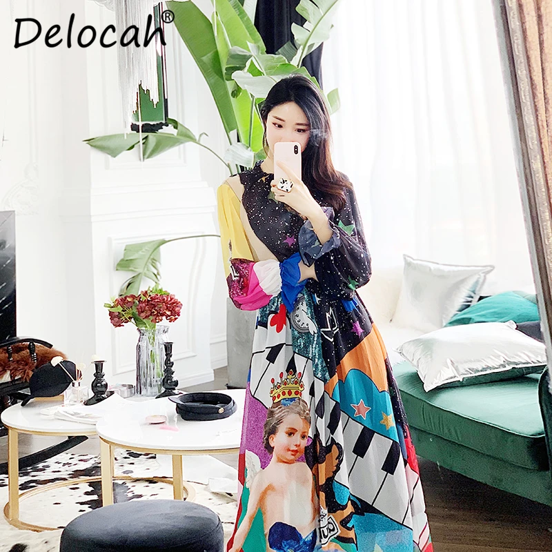 

Delocah Spring Summer Women Set Runway Fashion Designer Flare Sleeve Vintage Printed Slim Ladys Skirt Two Pieces Set Lady Suits