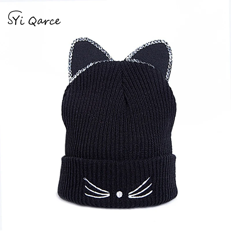 SYi Qarce зимние хлопковые супер теплые вязаные шапки Skullies Beanies, милая шапка с кошачьими ушками для мальчиков и девочек, теплая шапка, NM290-93 - Цвет: Black