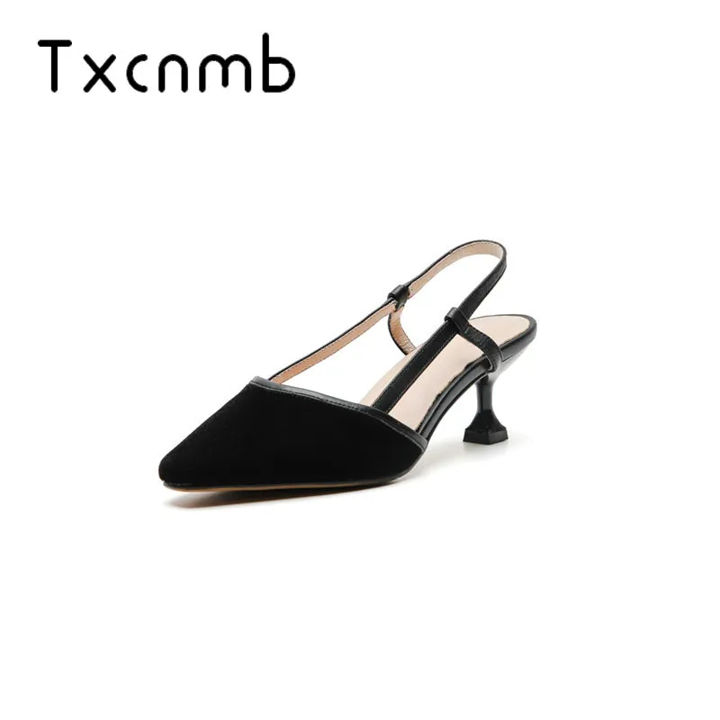 

TXCNMB Shoes Woman 2019 Wedding Women Sandals Kid Suede Leather Square High Heel Square Toe Buckle Fashion Size 34-40