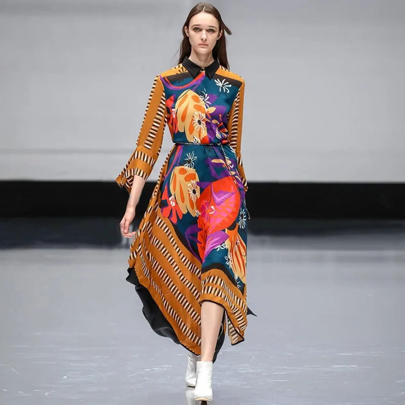 

New Star Seven-Sleeve Printed Turn-Collar Irregular Side Dresses Spring Summer 2019 Turn-down Collar Print Asymmetrical Dress