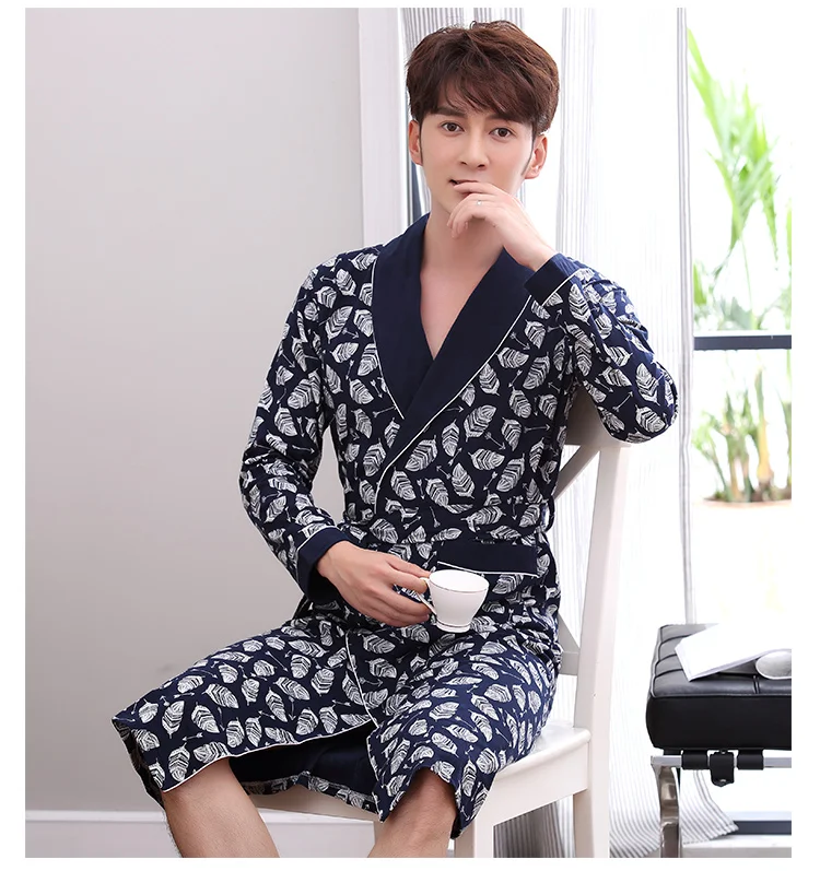 Высокое качество Для мужчин халат осень ночная рубашка с длинными рукавами Хлопковый вязаный халат плюс Размеры L-3XL пижамы Для мужчин