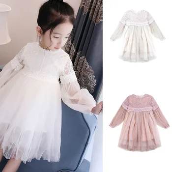 

Pure Color Lace Floral Girls Princess Costume Long Sleeves Round Neck Over-knee Dress Gift