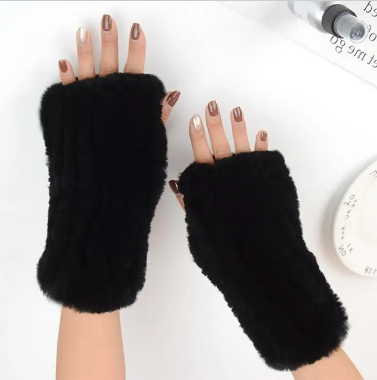 Online Frauen 100% Echt Echte Gestrickte Rex Kaninchen Pelz Winter Fingerlose warme weiche Handschuhe Fäustlinge Arm Hülse