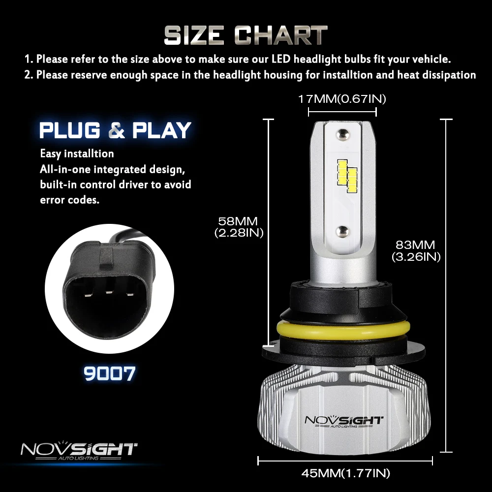 NOVSIGHT фар автомобиля H4 Hi/Lo луч светодиодный H7 H1 H3 H8 H9 H11 H13 9005 9006 9007 50 W 10000lm 6500 K авто фары противотуманные лампочки