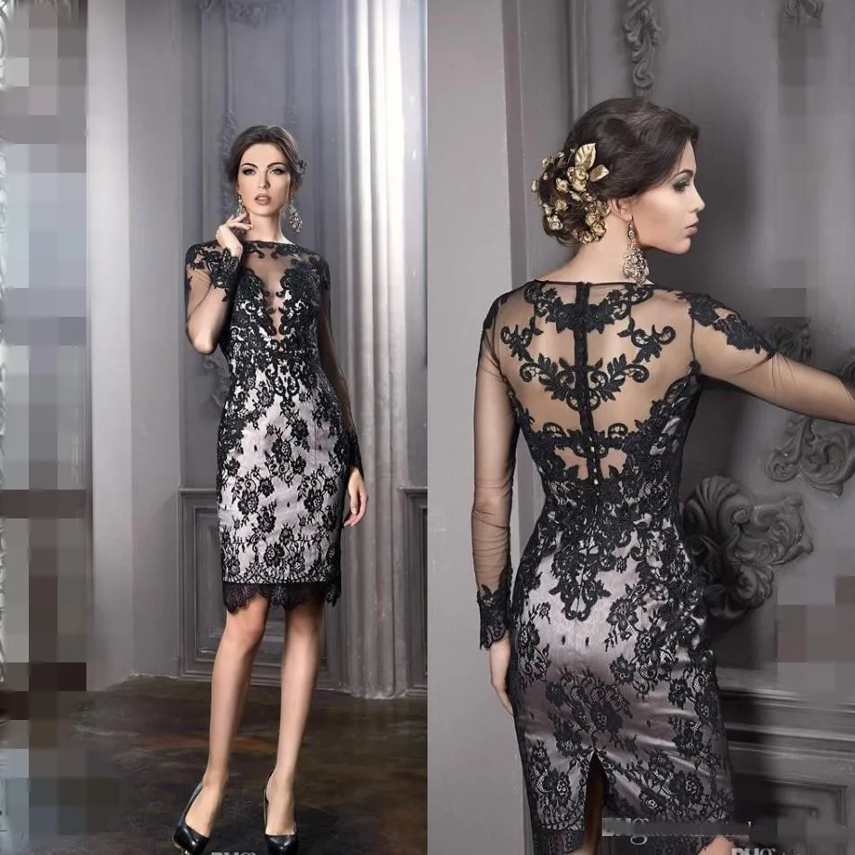 

2019 New Little Black Dresses Bateau Sheath Knee Length Elegant Plus Size short lace Mother Of The Bride Dresses Sheer lace