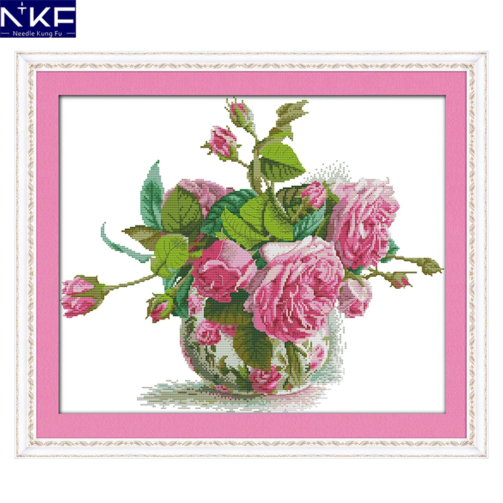 Us 956 50 Offnkf Romantic Pink Rose Pattern Counted Cross Stitch 11ct 14ct Diy Cross Stitch Kits Embroidery Needlework For Home Decoration In - 