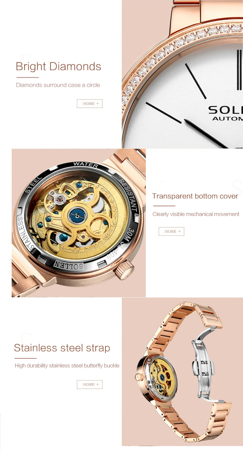 Элитный бренд розовое золото Для женщин часы Повседневное простой автоматический механические часы для девочек Сталь браслет женские наручные часы