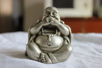 

Chinese Folk HandMade Silver Bronze Statue FengShui Maitreya Buddha Sculpture