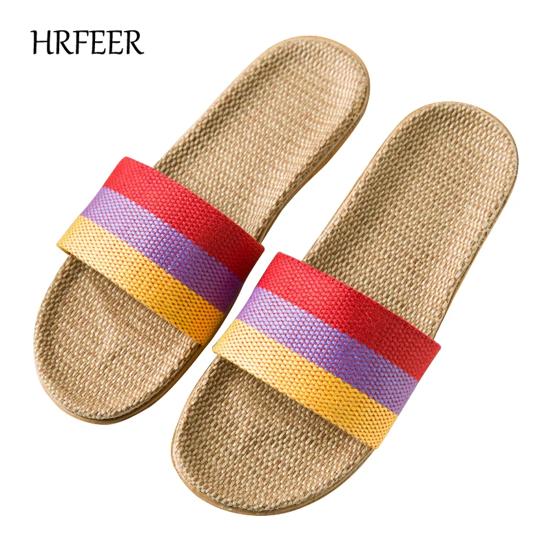 

HRFEER Home Slippers Women Summer Sandals for Women Flax Indoor Floor Men Slipper Trichromatic Splicing Belt Silent Sweat Sandal