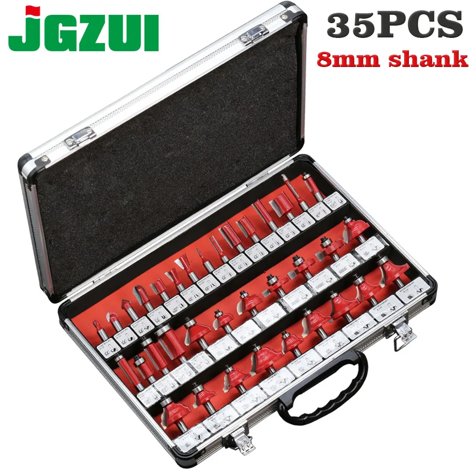 Conjunto de Bits Carboneto de Tungstênio Cortador de Bits Conjunto com Caixa de Madeira para Madeira Roteador Profissional Shank 35 Pçs 8mm