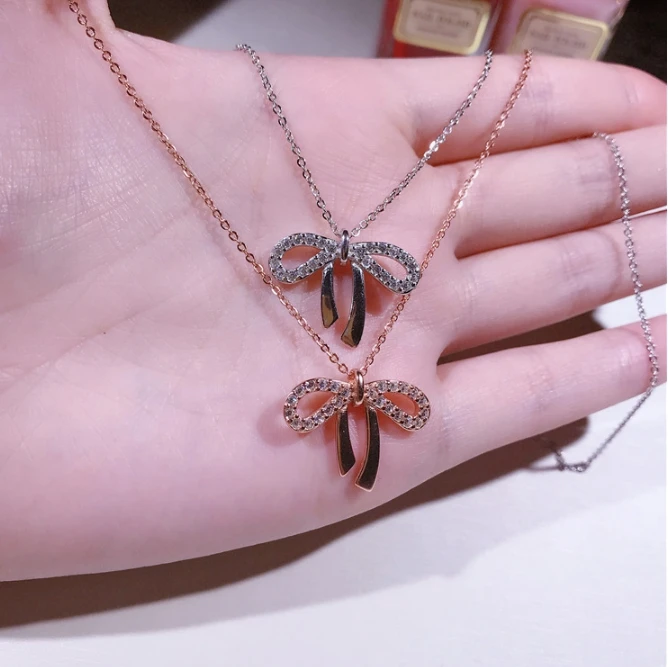 

Fashion Sweet Bowknot Necklace Cubic Zircon 925 Sterling Silver Vintage Women Wedding Jewelry High Quality Wholesale