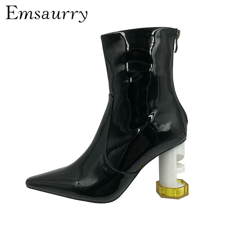 

New Fashion 2019 Unique T-stage Short Boots Back Zip Quality Patent Leather Strange Heel Ankle Boots Women