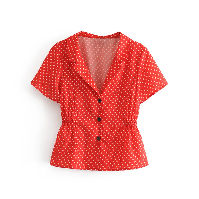 

Women elegant heart print red blouses short sleeve turn down collar single-breasted shirt female sweet summer tops