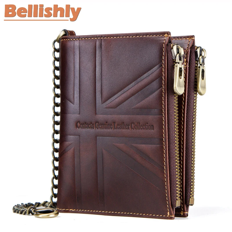 

Bellishly men punk vintga England style Prevent stealing chain mens Creative wallets man Genuine leather notecase Coins purse