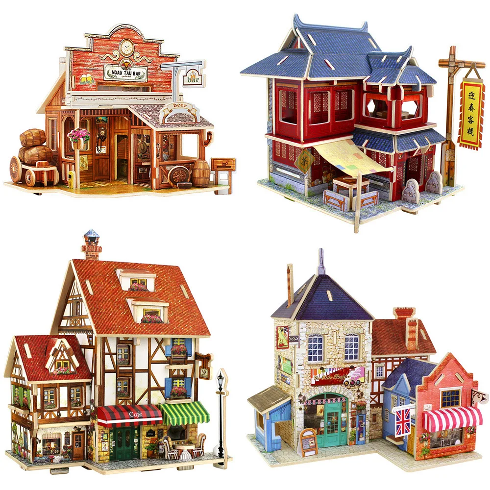 24 sortes bricolage en bois Puzzle Mini Global Style maison assemblage modèle Kit de construction enfants jouets pour enfants adultes cadeaux d'anniversaire