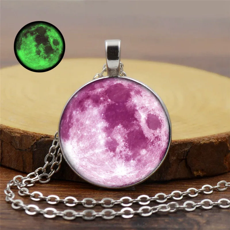 Hot sale Glow In The Dark Moon Pendant Necklace Galaxy Planet Glass Cabochon Luminous Jewelry Silver Chain Necklace Women