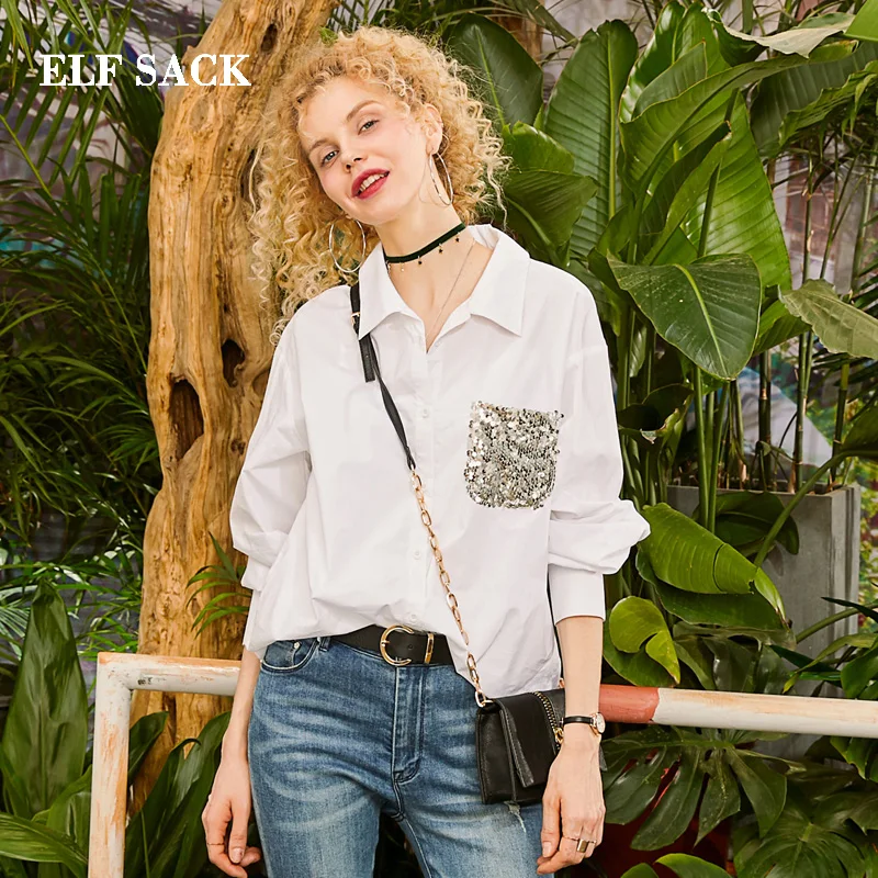 

ELF SACK 2019 Spring New Cotton Shirts Woman Turn-down Collar Full Femme Blouse Streetwear Thin Loose Sequined Ladies Shirts