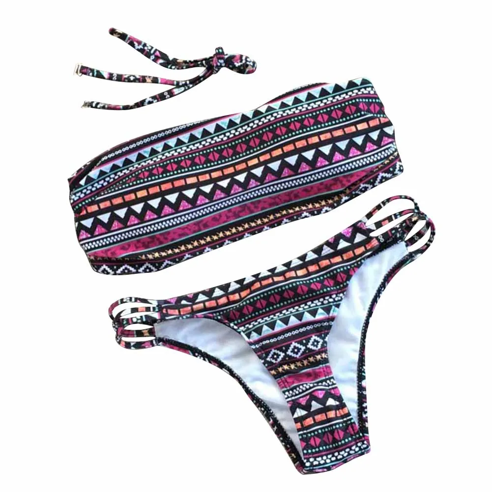 

Women Summer Print Swimsuit Tube Top with Panties Low Waist High Elastic Tankinis &T8