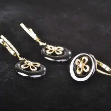 Blucome Ceramic Clover Jewelry Sets Earrings&Ring Women 18k Gold Rhodium Zircon Black Aros Brinco Wedding Bridal Schmuck Joyas blucome brand design rose gold color square cubic zircon ceramic earrings ring set chinese porcelain women wedding jewelry sets