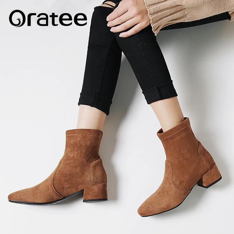 

New Women Shoes High Heels Slip ankle boots Autumn winter Stretch socks boots elegant Square Med heels shoes female Plus size