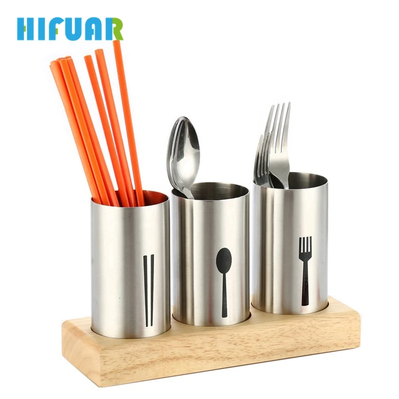 KSF SKnife Spoon Fork Basket Storage Rack Set Bottles With Wood Stand Tray Stainless Steel Boxes Dinnerware Kitchen Accessories