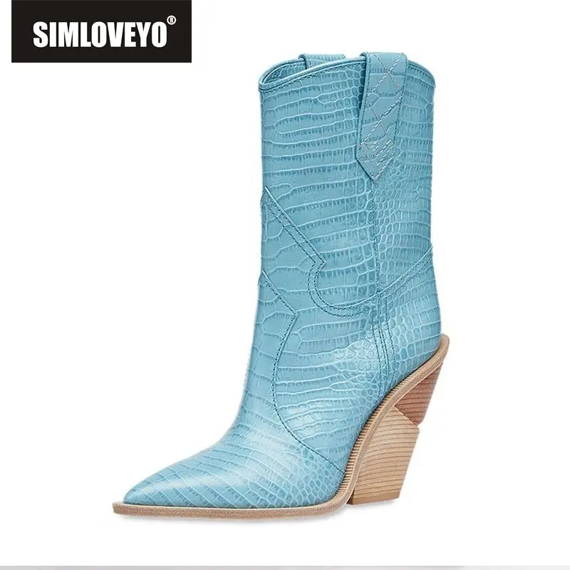 

SIMLOVEYO 7 color Snake Fashion Women Slip On Cowboy Boots runway design Strange Style high heel Shoes Woman Pointed Toe Pump