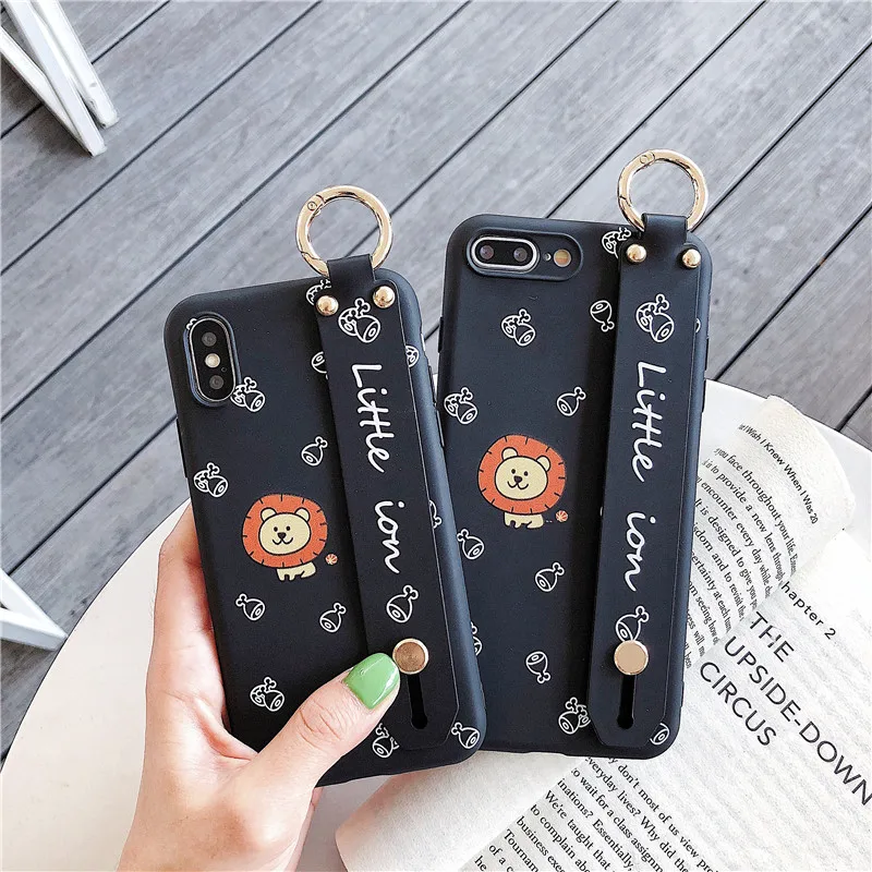 

Wrist Strap Soft IMD Phone Case For iphone 7 8 6 6s plus Case For iphone X Xs max XR Cute cartoon animal lion black Case
