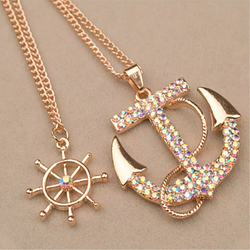 

Fashion 2 Colors White Navy Crystal Rhinestone Anchor Rudder Pendant Necklace Long Chain Personality For Women 8ND361