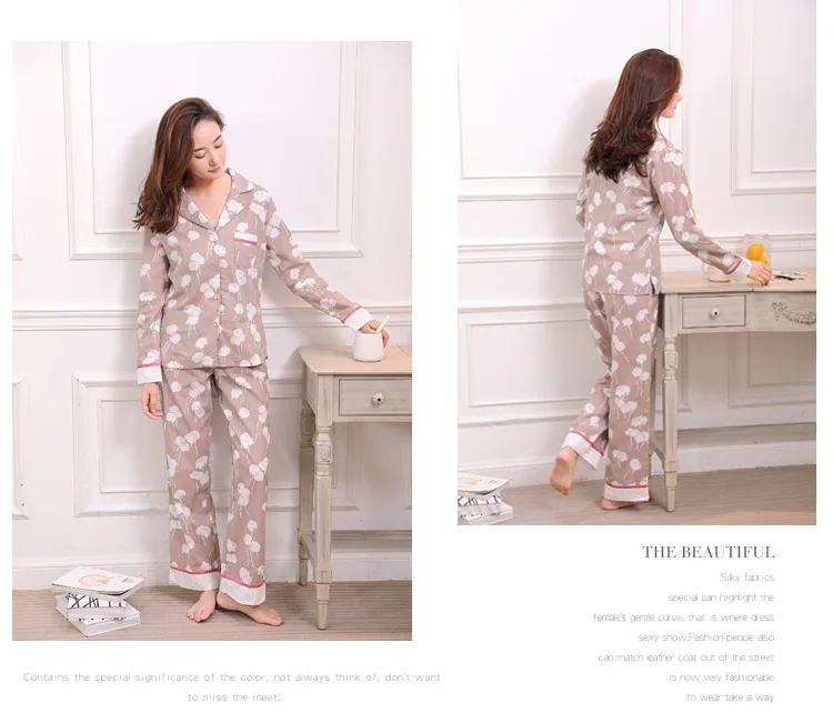 Одуванчик печати хлопковые пижамы Для женщин пижамный комплект хлопковое ночное белье Длинные рукава, длинные штаны домашняя одежда