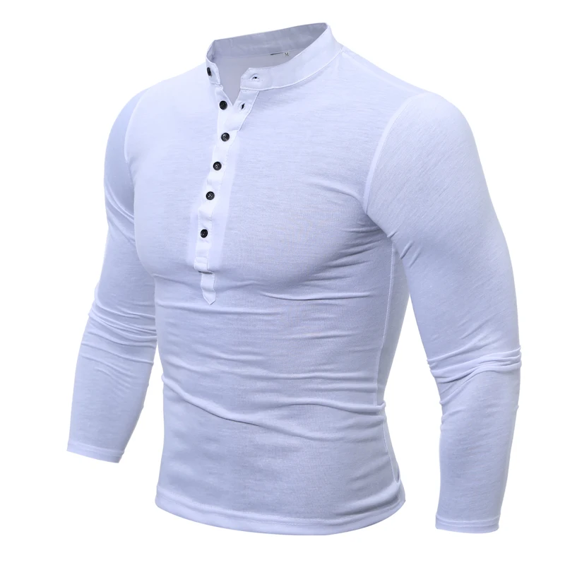 Men Clothing Henley T Shirt Long Sleeve 2018 Male Casual Compression Tight Clothes Breathable Stand Collar Top Tees with Button