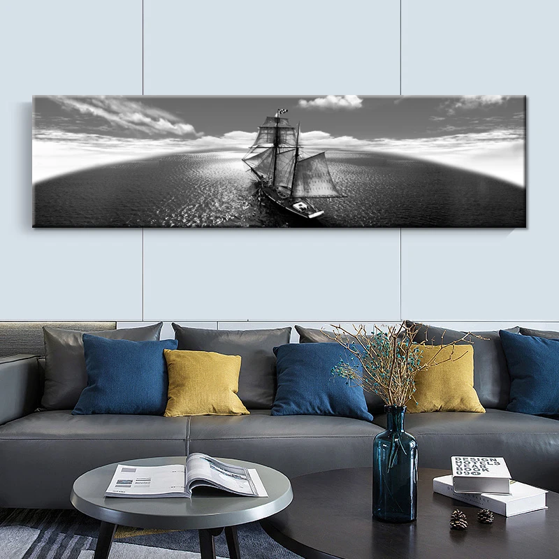 

HD Print Abstract Black White Sailboat Seascape Oil Painting on Canvas Modern Landscape Poster Art Wall Picture for Living Room