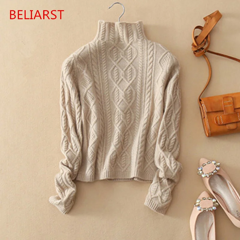 

BELIARST Autumn and Winter New Cashmere Sweater Women Jacquard Pullover Thickening Semi-high-necked Sweater Knit Backing Shirt