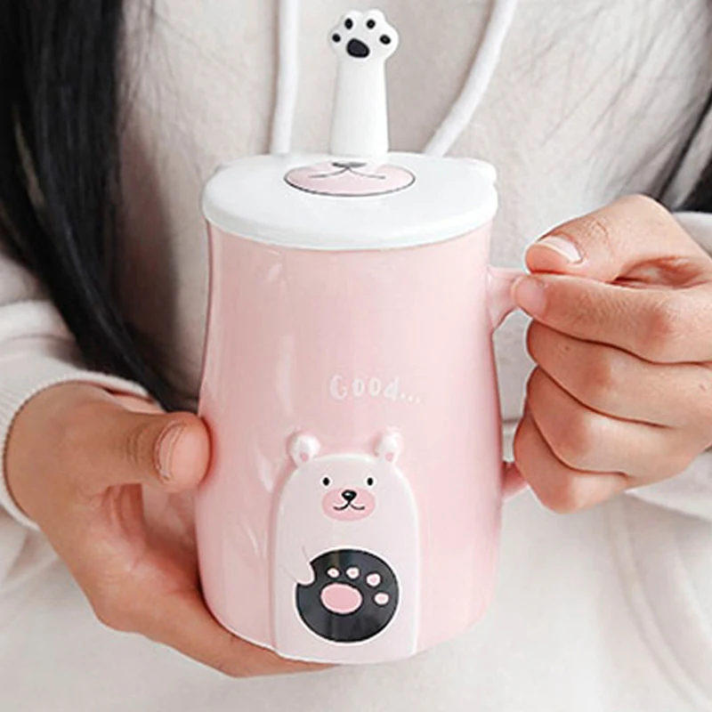 

2018 NEW Lovely Panda Relief Ceramic Mug Cover Spoon Coffee Cartoon Milk Cup with Handle Home Office Kitchen Drinkware Creative
