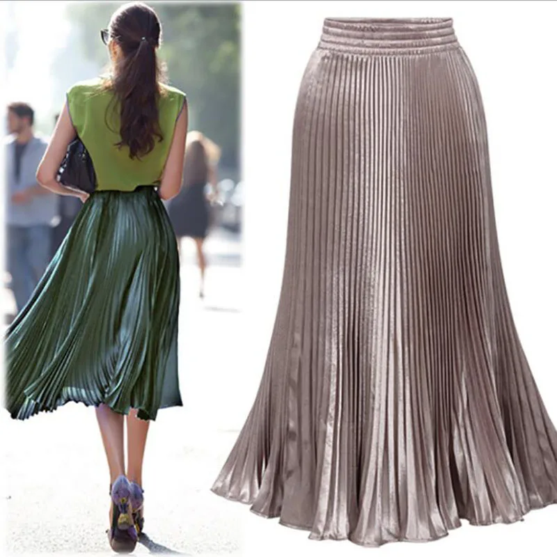 

2019 new European and American large size long pleated skirt metallic color imitation satin accordion pleat word fishtail skirt