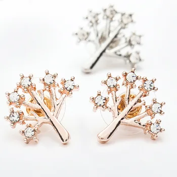 

Bling Shiny Crystal Small Tree Metallic Silver Plated Golden Stud Earrings for Women