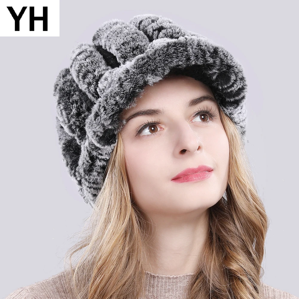 

Russia Real Rex Rabbit Fur Hat Women Winter Knitted Real Natural Rex Rabbit Fur Caps Brand Lady Warm Casual Real Fur Beanies Hat