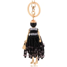 new fashion lovely doll tassel keychains black crystal car key chain ring women bag charm car pendant keyring accessories