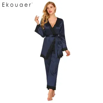

Ekouaer Women Pajama Set Nightwear Front Stitch Split Wrap Lace Trimed Long Sleeve Kimono Tops Full Pants Sleepwear Suit Nightie