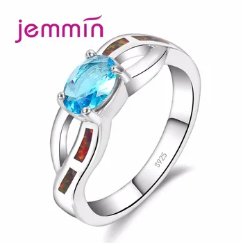 

New Finding Fashion Cross Rainbow Fire Opal Loop Blue Oval Shape Ring 925 Sterling Silver Crystal Jewelry Ring