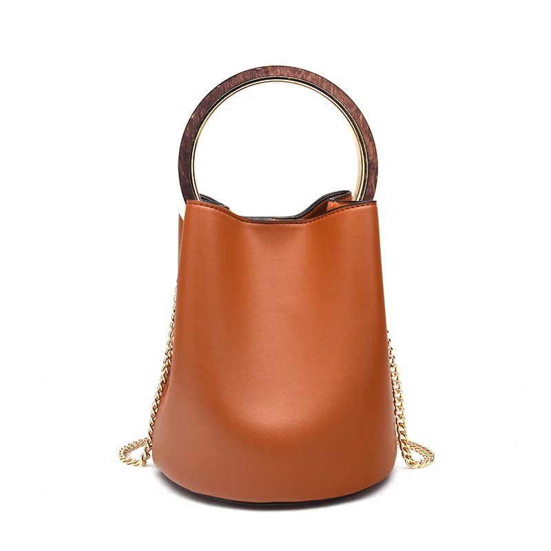 

Fashion Shoulder Bag 2019 Summer Round Ring Wooden Handle Bag Women Bucket BagSmall Messenger Totes