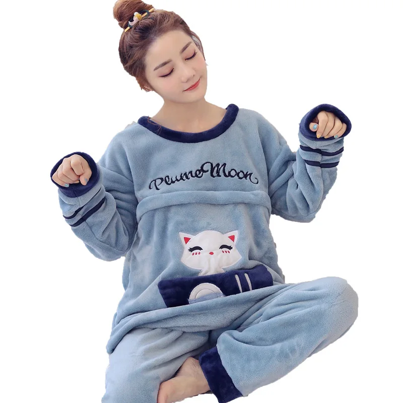 Maternal Pajamas Pregnant Women Warm Coralline Velvet Breast-feeding Autumn Winter Suit