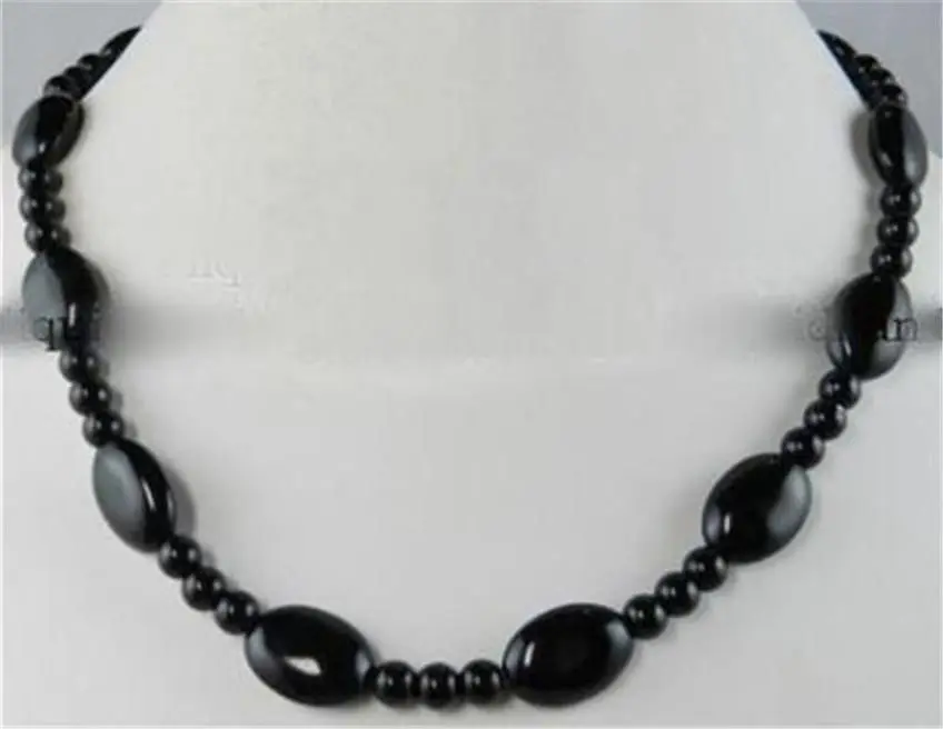 

Free Shipping>>AAA Black Agate Onyx Oval + Round Beads Necklace 18" 6MM 13X18MM