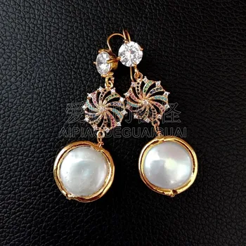 

E090218 White Coin Pearl 24K Golden Plated Cz Pave Connector Hook Earrings
