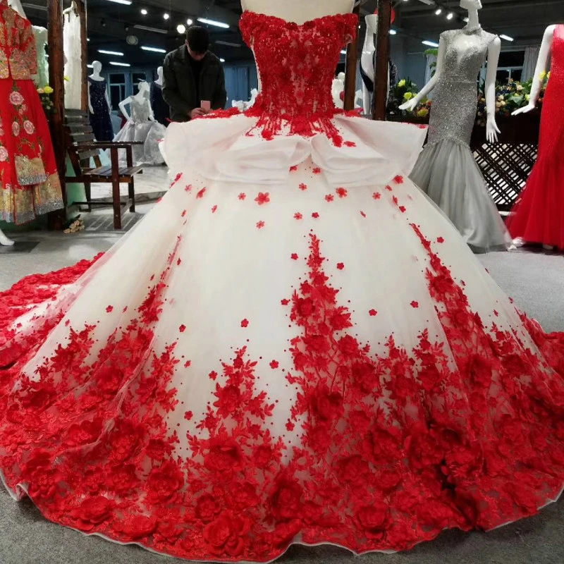 AXJFU Принцесса белое кружевное красное цветочное свадебное платье с оборками цветочное свадебное платье роскошное украшение бисером для выреза лодочкой свадебное платье