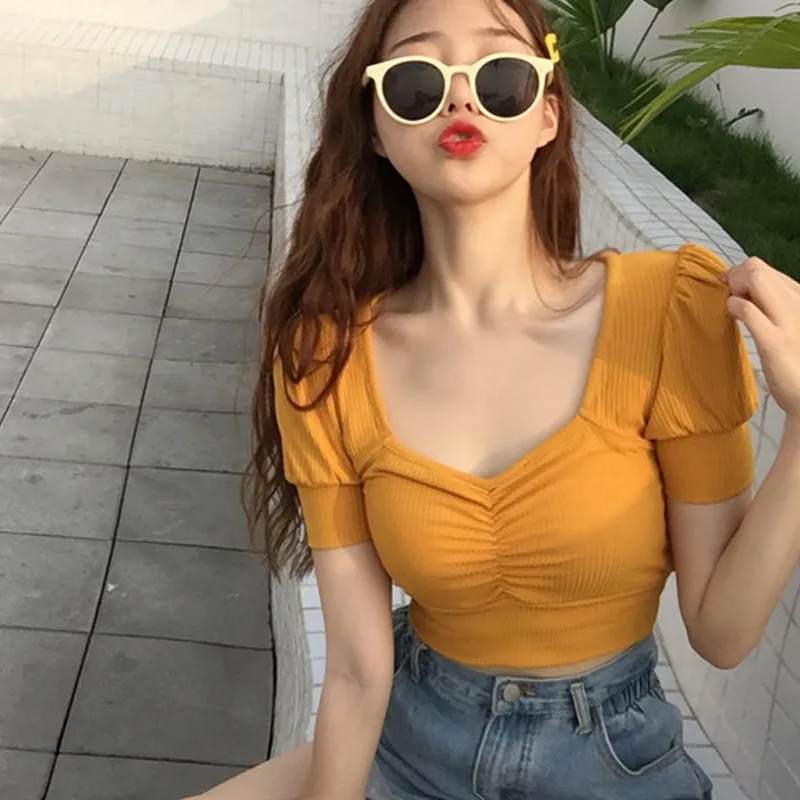 

Women Sexy Low Cut Retro Square Puff Sleeve Collar Crop Tops Women Tee T- Shirt for girls