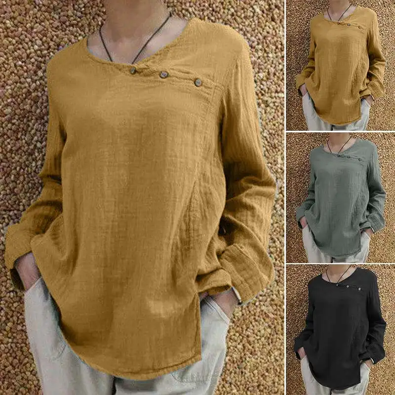 

ZANZEA Women Cotton Linen Tops Blouses Vintage Buttons Solid Split Shirts Work Office Tunic Tops O Neck Blusa Feminina Plus Size