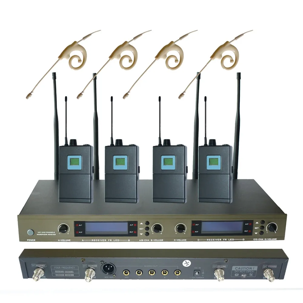 U-4004-OK-1B/E-7 UHF/PLL 4 канала Разнообразие беспроводной микрофон с нательным передатчиком системы с 4 бежевыми наушниками Mic